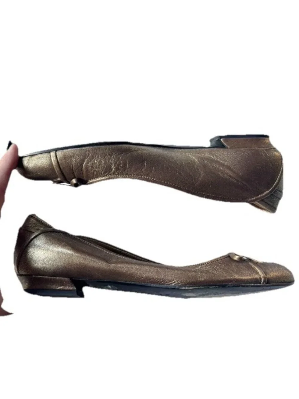 VTG Miu Miu Women's Sz 37.5 US 7 Metallic Bronze Gold Bow Detail Ballet Flats